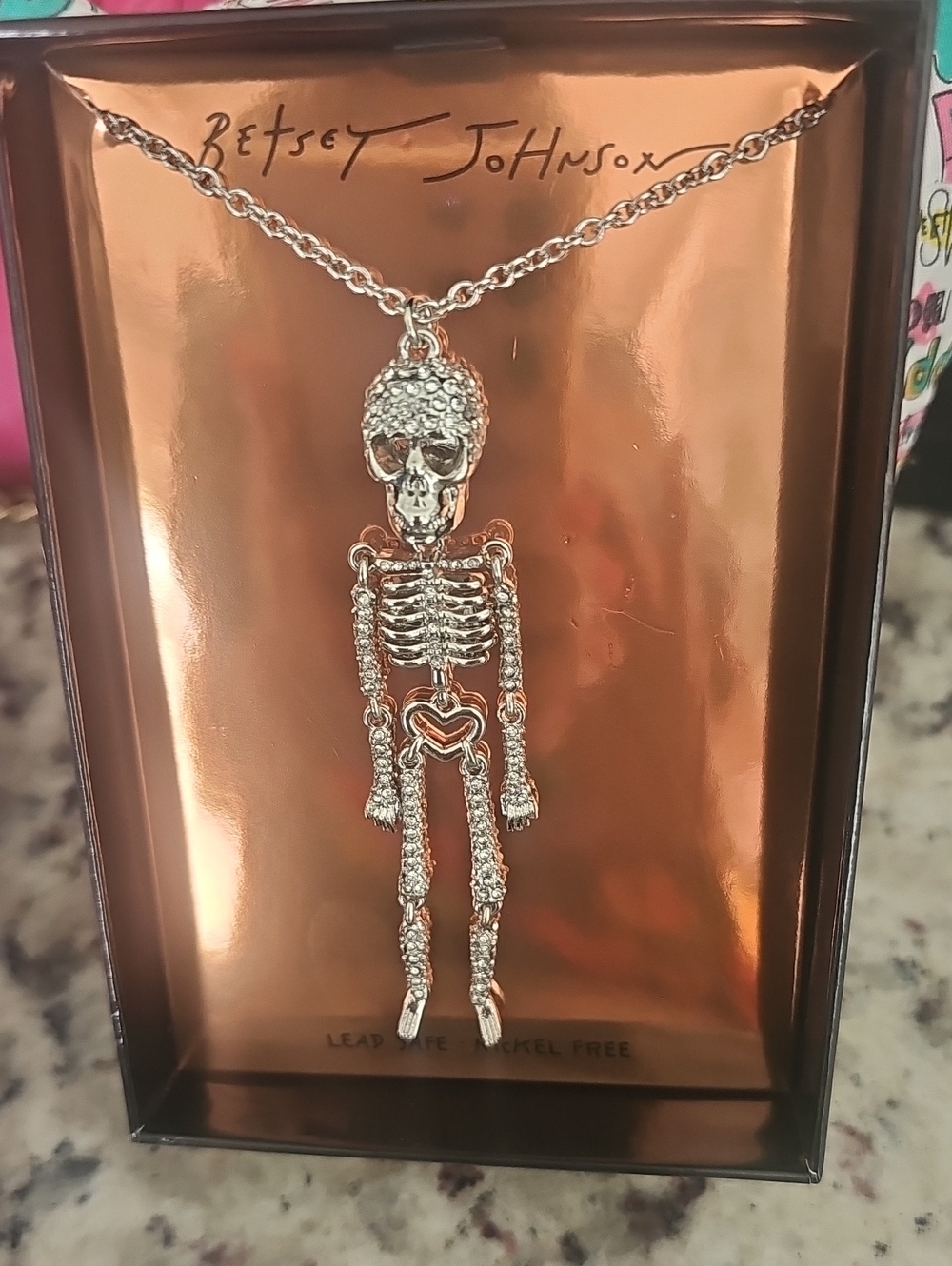 Betsey Johnson Silver Crystal Skeleton Pendant Necklace